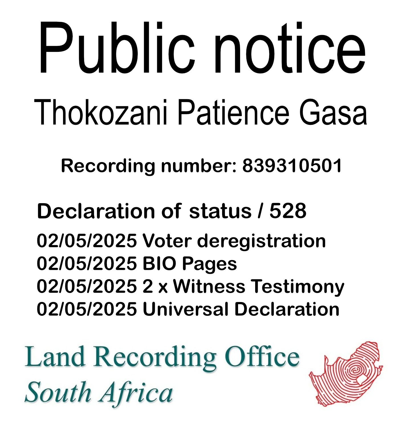 Public Notice Thokozani Patience Gasa (c) Recording number 839310501